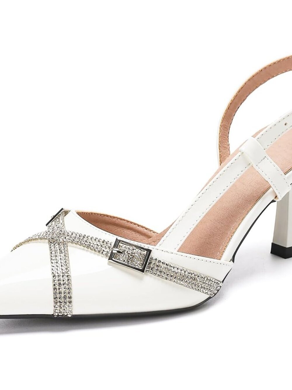 Women's White Slingback Kitten Heels Rhinestone Pumps Buckle Strap Sandals Shoes